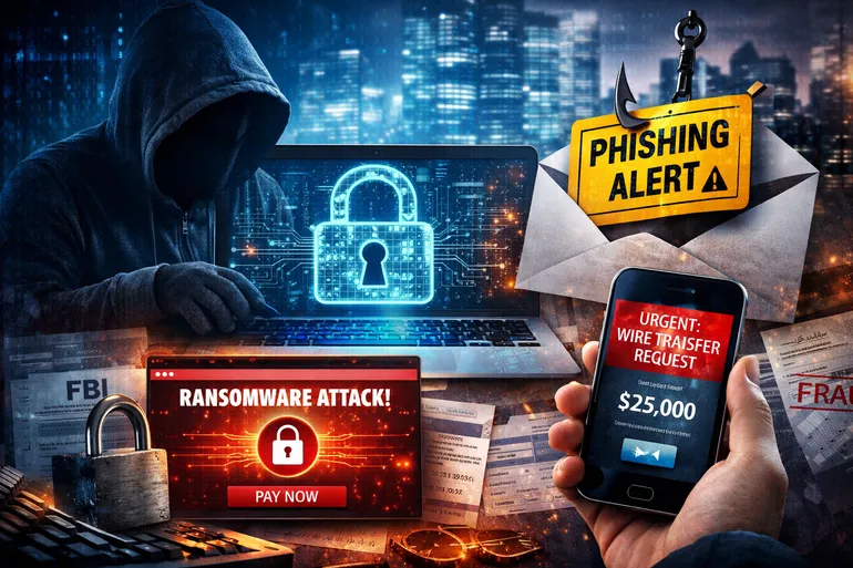 Small business owner working at a desk with cybersecurity warning icons on a computer screen