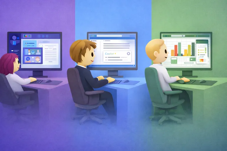 Team using Microsoft 365 apps with AI assistance