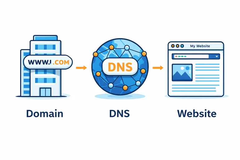 Diagram showing how a domain, DNS, and a web server work together
