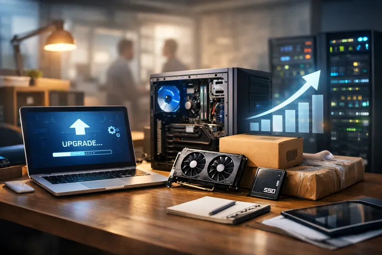 Business professional reviewing hardware refresh planning documentation