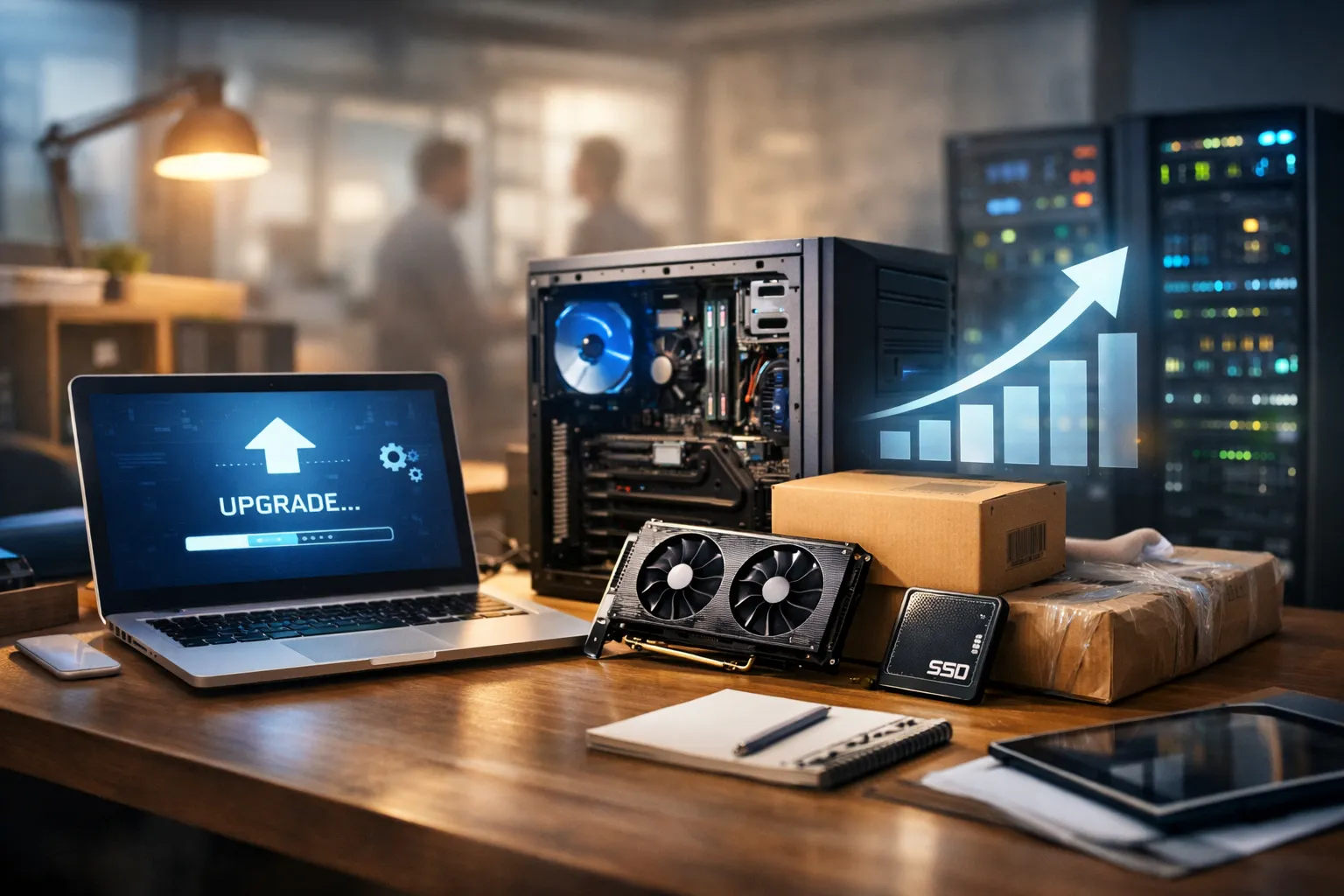 Business professional reviewing hardware refresh planning documentation