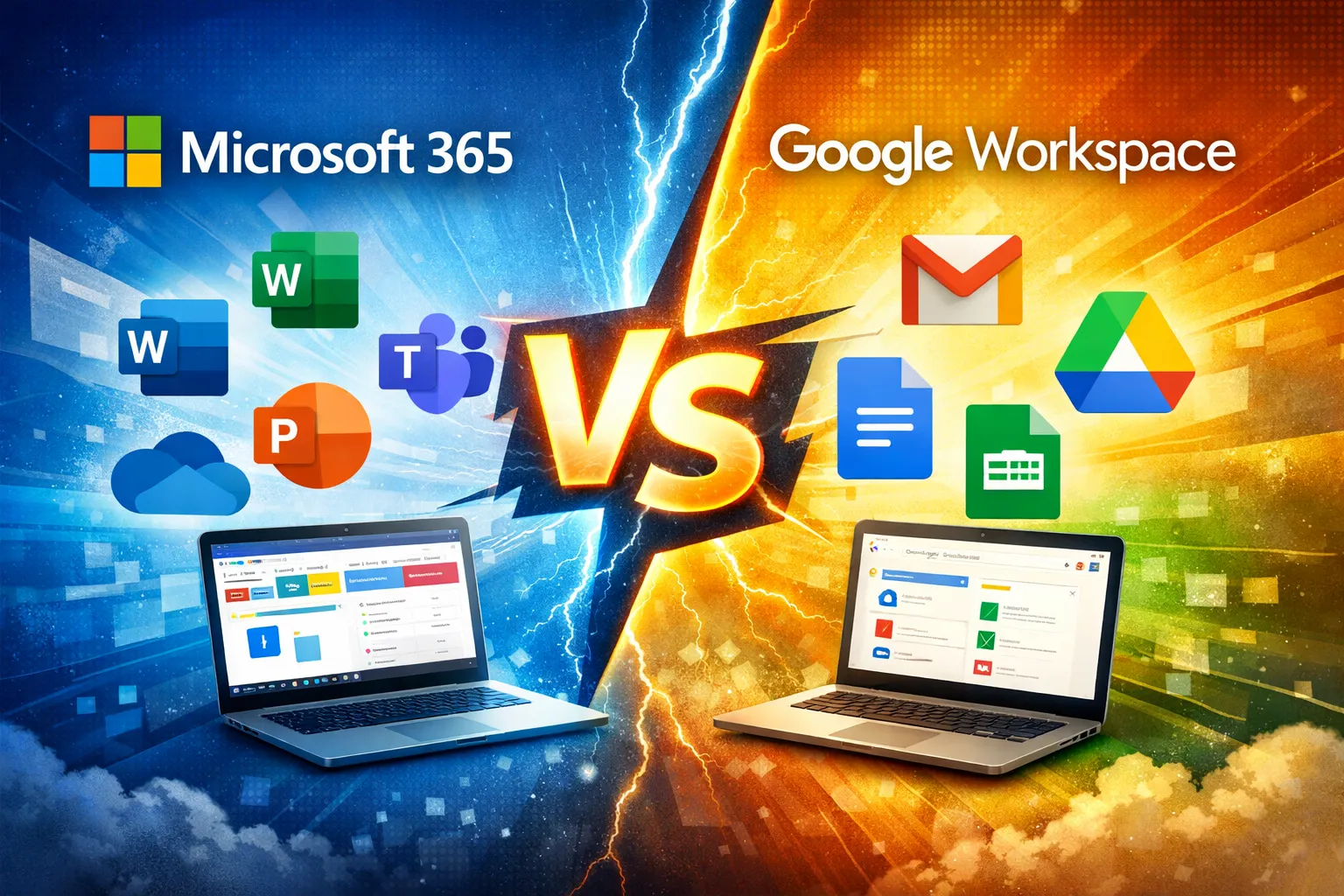 Side-by-side comparison of Microsoft 365 and Google Workspace logos on a laptop screen