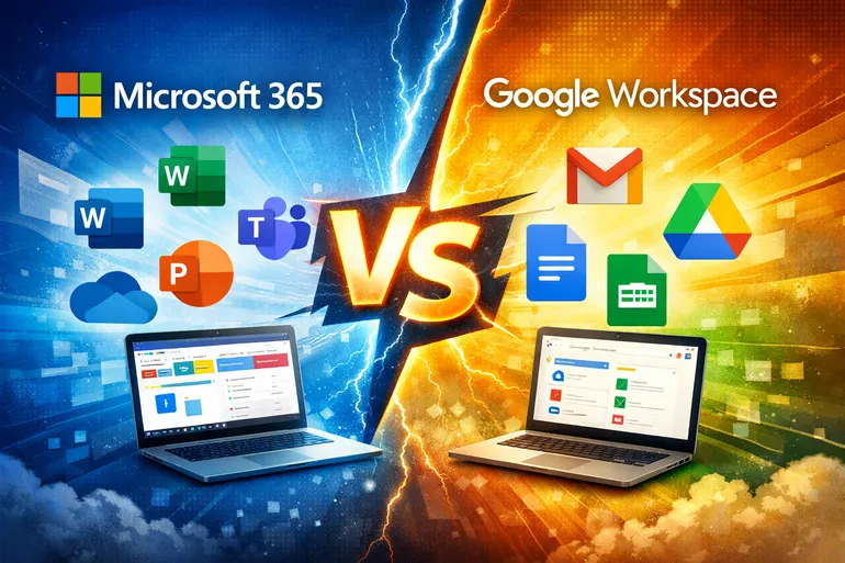 Side-by-side comparison of Microsoft 365 and Google Workspace logos on a laptop screen