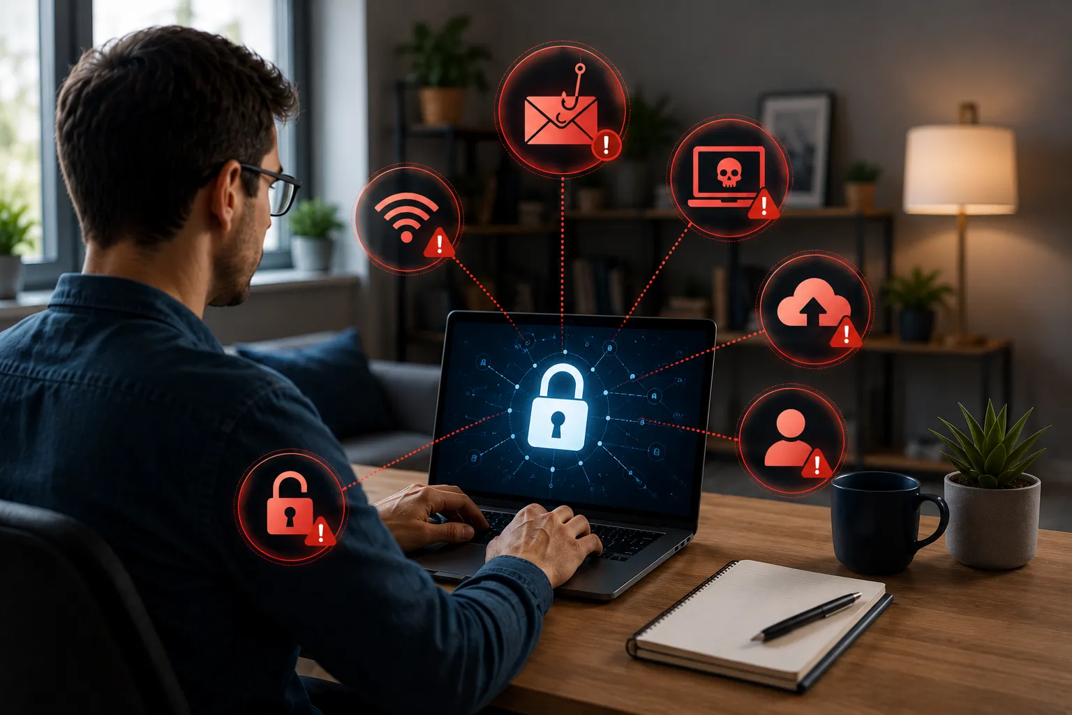 Remote employee working on a laptop at home with a security lock icon overlay
